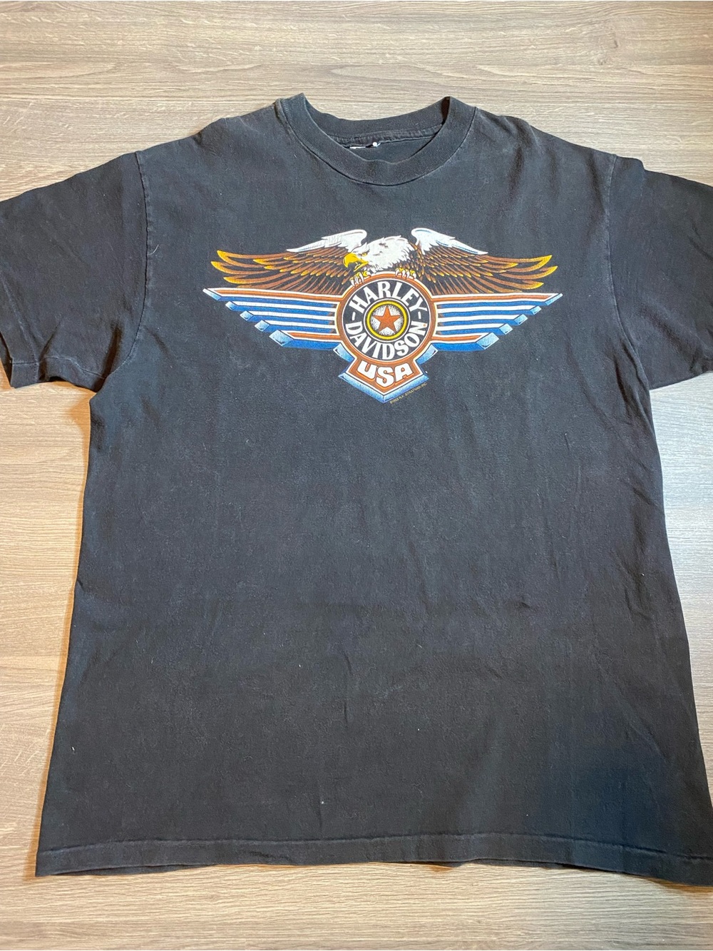 Vintage 1993 Harley-Davidson Black Tee with Eagle USA Emblem - El Paso, TX